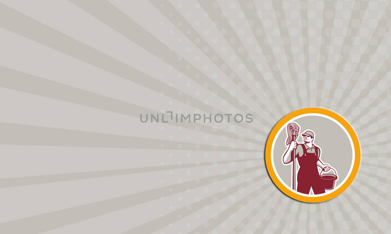 Business card showing illustration of a janitor cleaner worker holding mop and water bucket pail viewed from front set inside circle on isolated background done in retro style.