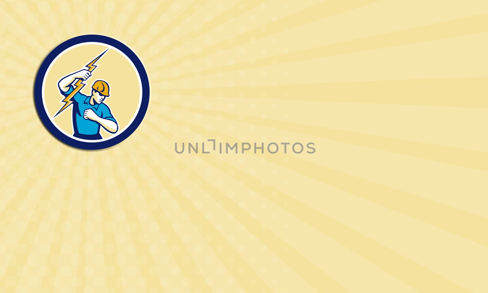 Business card showing illustration of an electrician construction worker holding a lightning bolt set inside circle done in retro style on isolated white background.