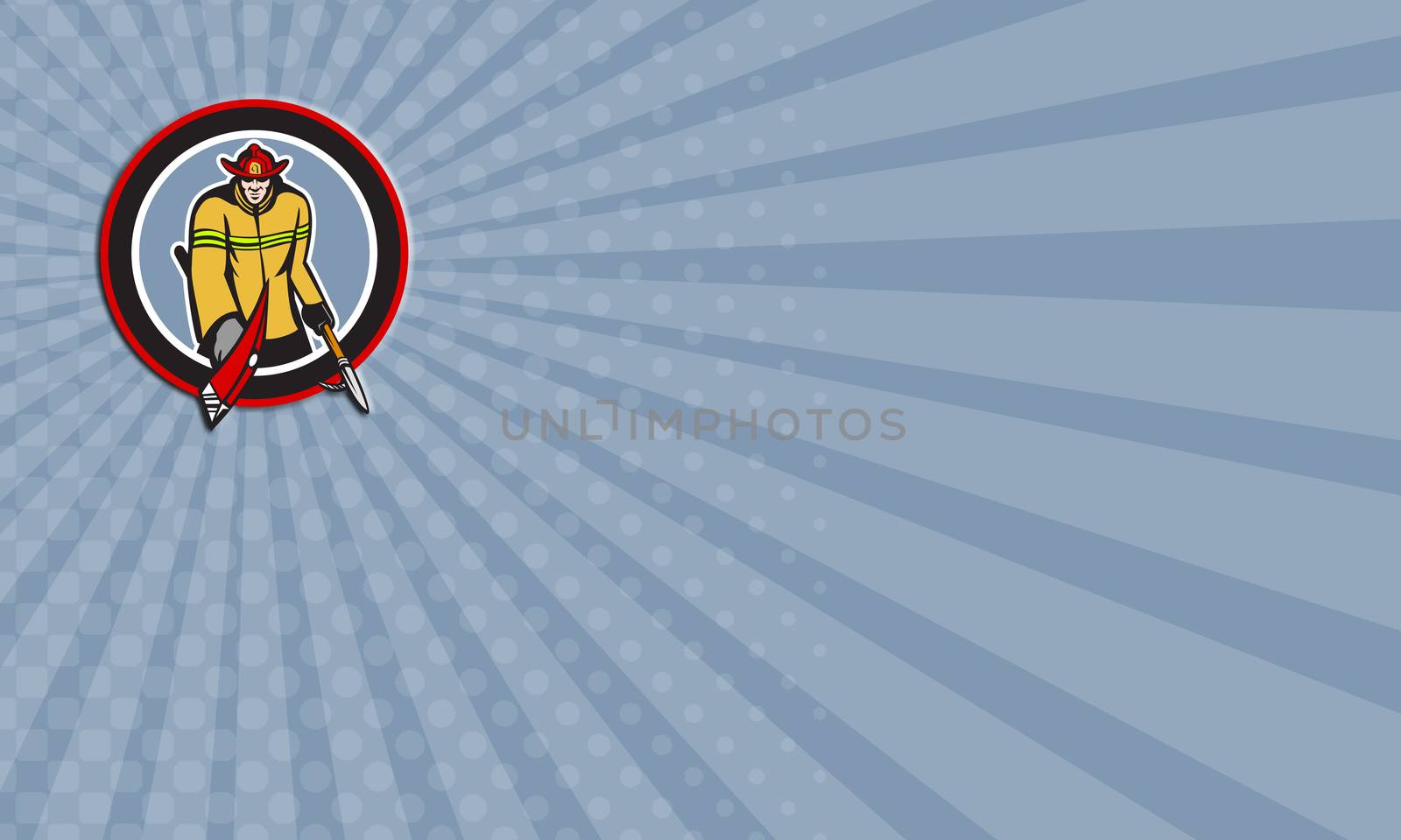 Business card showing illustration of a fireman fire fighter emergency worker holding a fire axe and hook pike pole viewed from front set inside circle done in retro style.