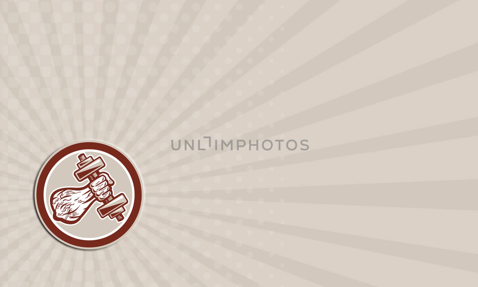 Business card showing illustration of a hand lifting dumbbell weight training viewed from front set inside circle done in retro style.