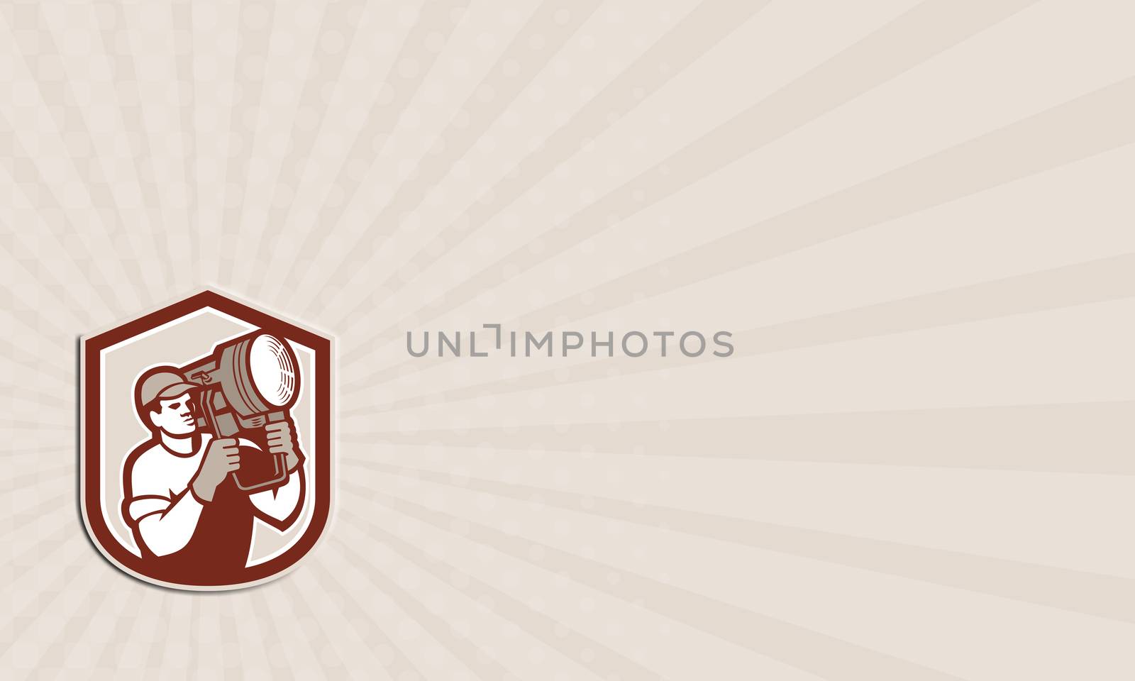Business card showing Illustration of a electrical lighting technician crew carry fresnel spotlight on shoulder looking to side set inside shield crest shape on isolated background done in retro style.