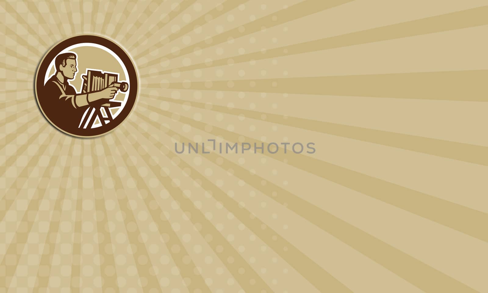 Business card showing illustration of a photographer shooting with vintage bellows camera done in retro woodcut style set inside circle.