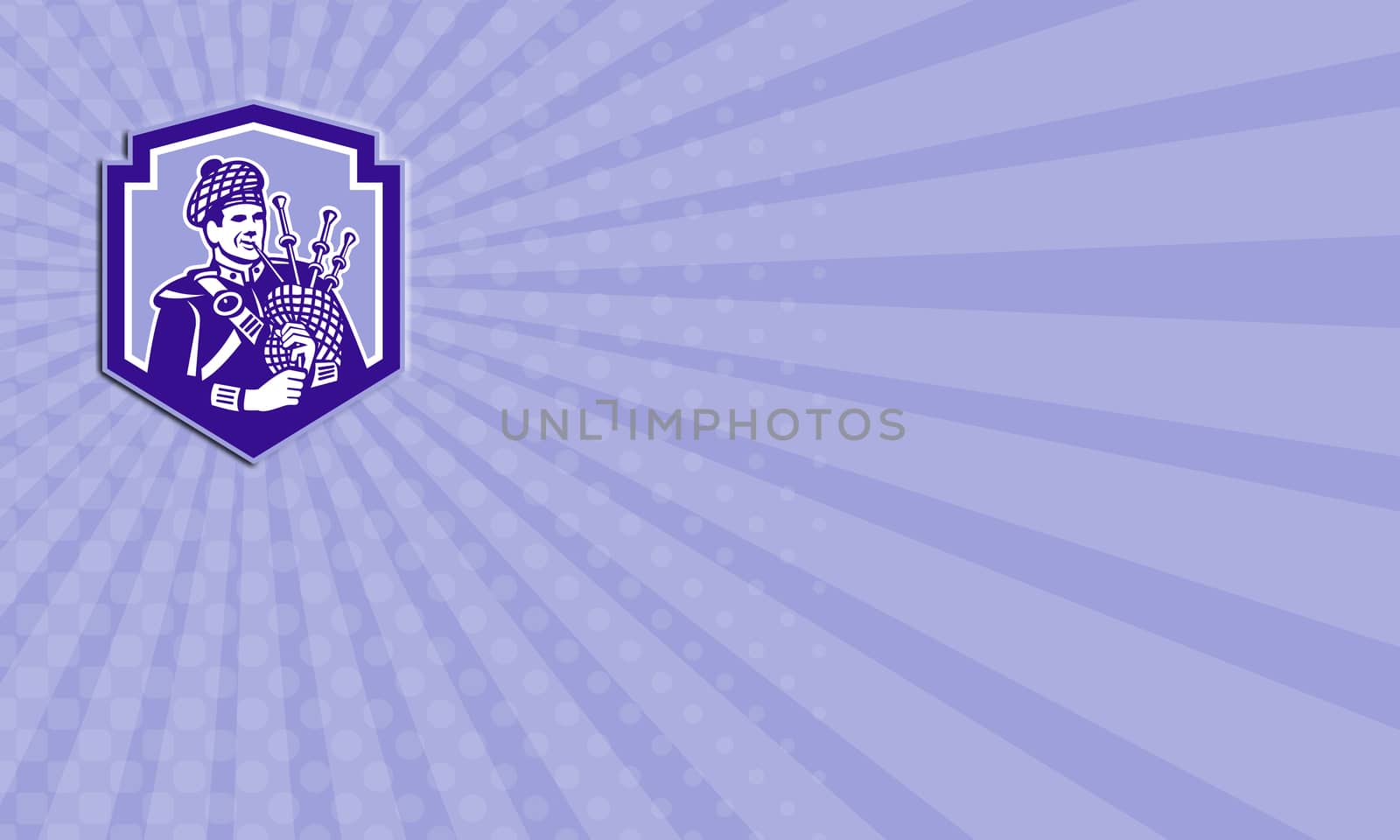 Business card showing illustration of a Scotsman bagpiper playing bagpipes viewed from front set inside shield crest on isolated background done in retro style.
