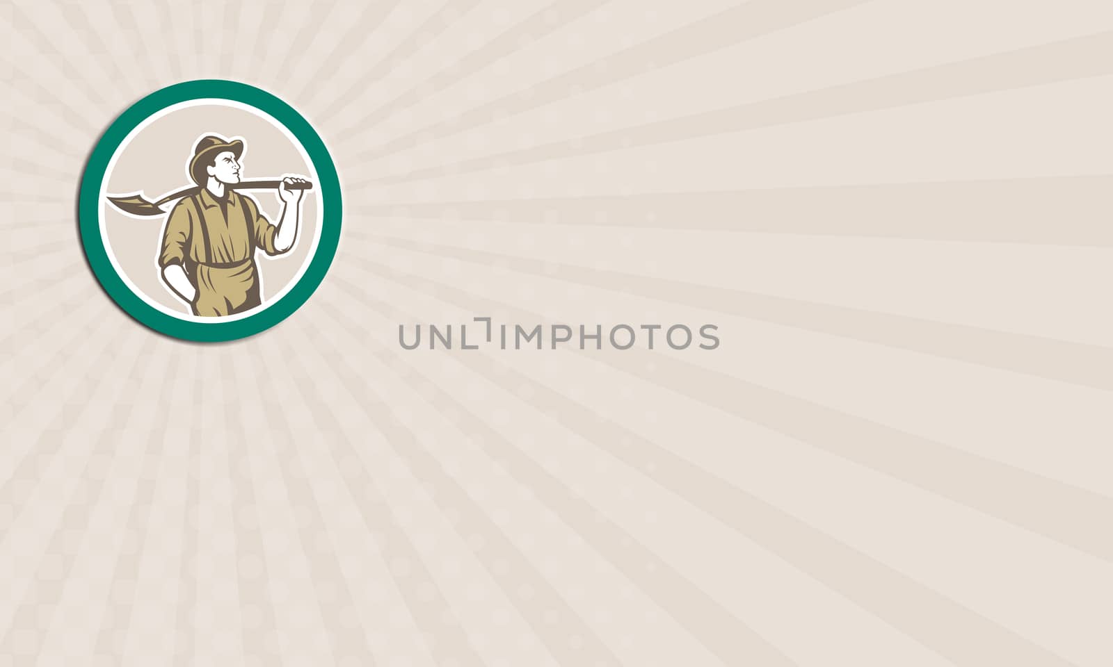 Business card showing illustration of a prospector miner wearing hat with shovel facing front set inside circle done in retro style on isolated background.
