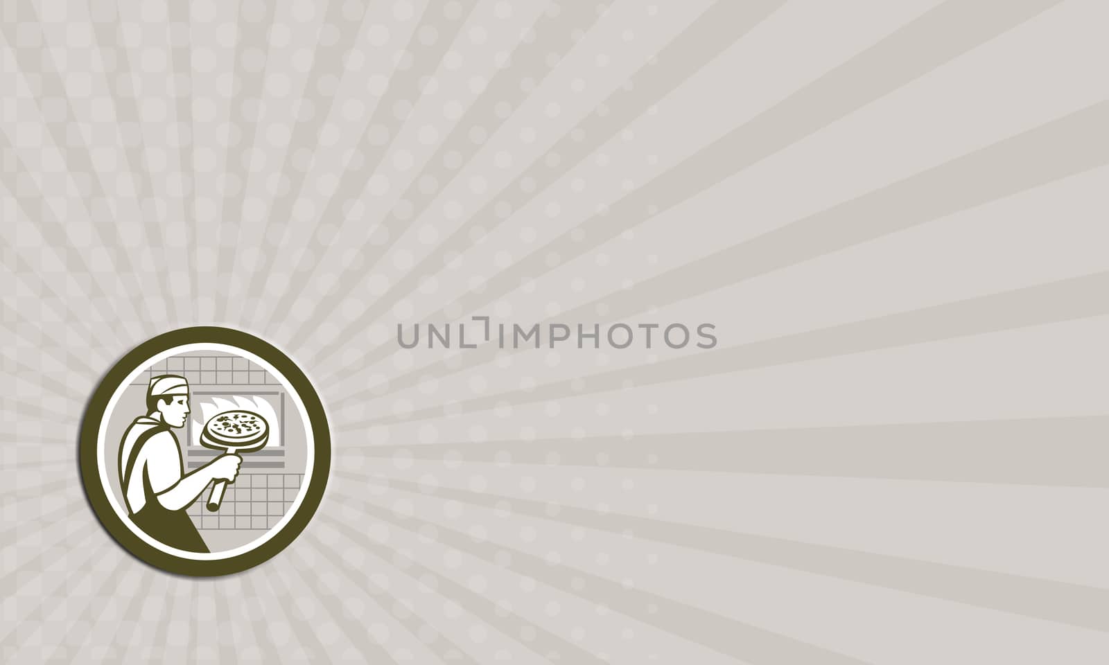 Business card showing illustration of a baker pizza maker holding a peel with pizza pie into a brick oven viewed from side done in retro style on isolated white background.