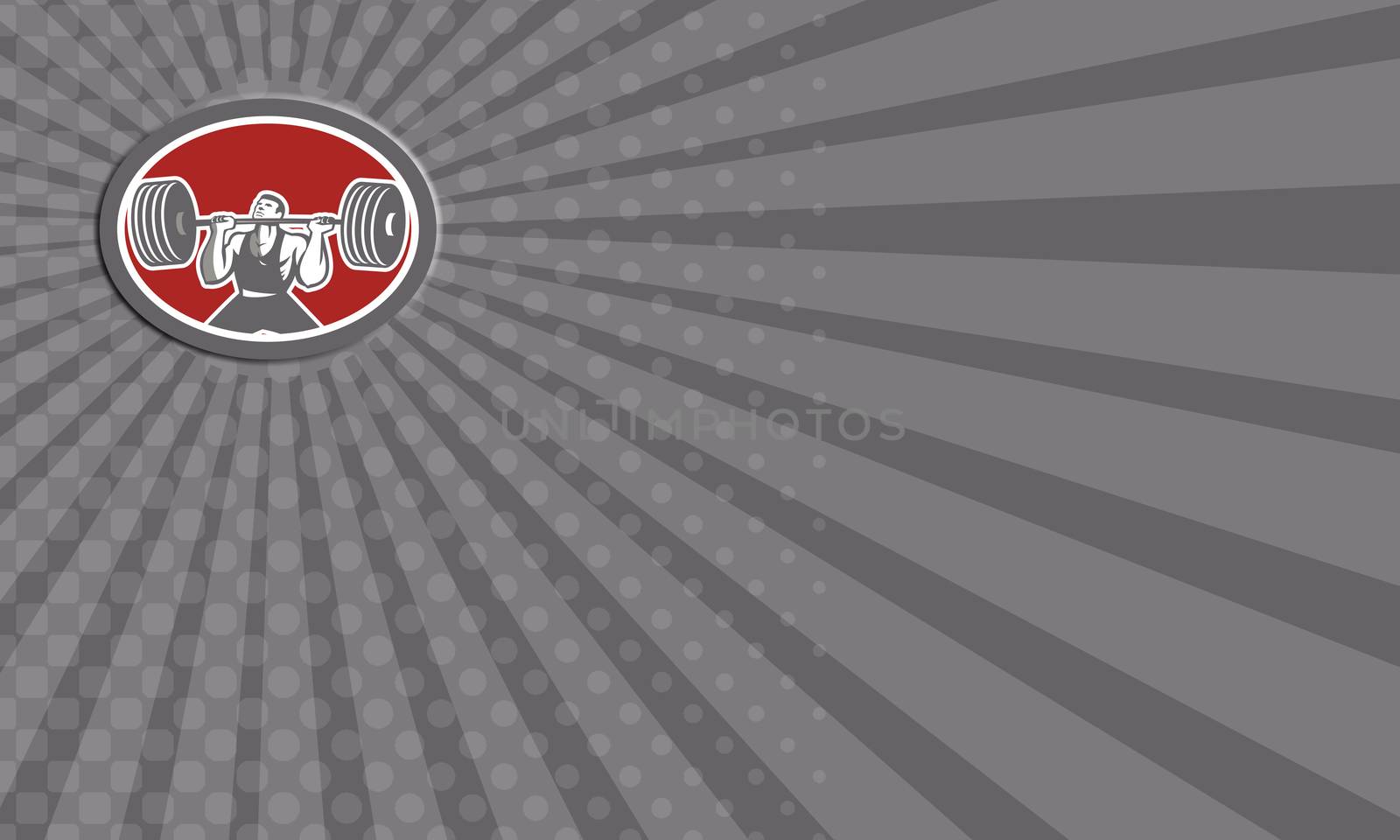 Business card showing illustration of a weightlifter lifting barbell set inside oval shape on isolated background viewed from front done in retro style.