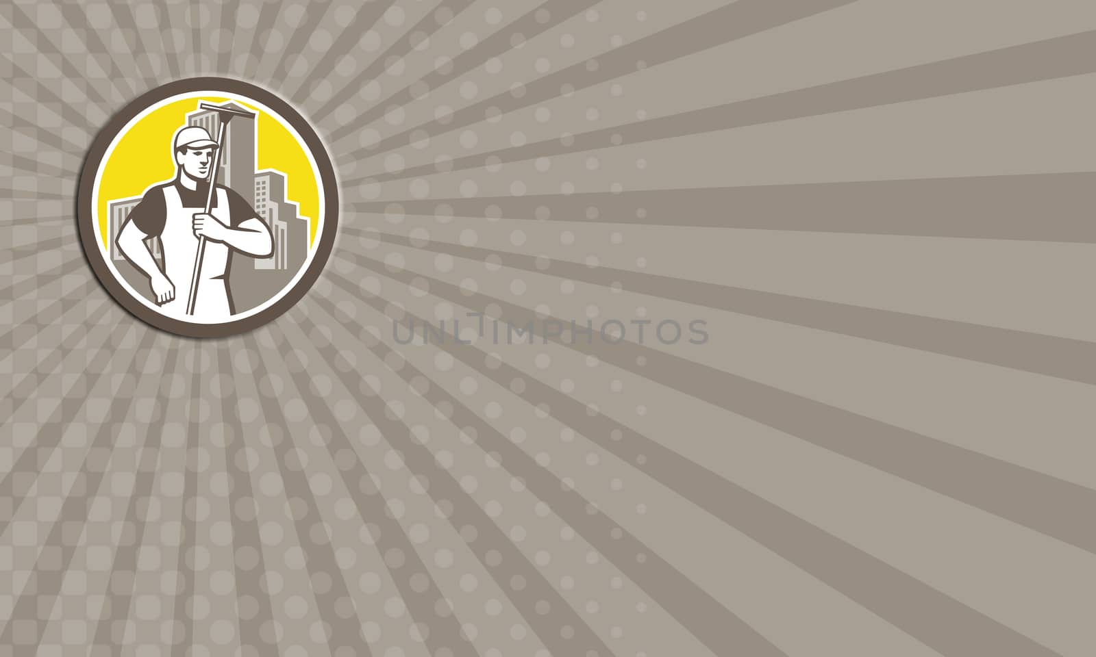 Business card showing illustration of a window cleaner holding squeegee viewed from front set inside circle on isolated background done in retro style.