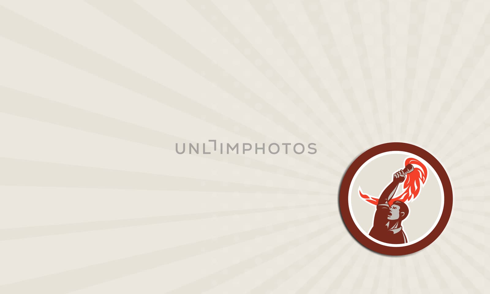 Business card showing illustration of a worker looking up holding up flaming torch viewed from front set inside circle on isolated background done in retro style.