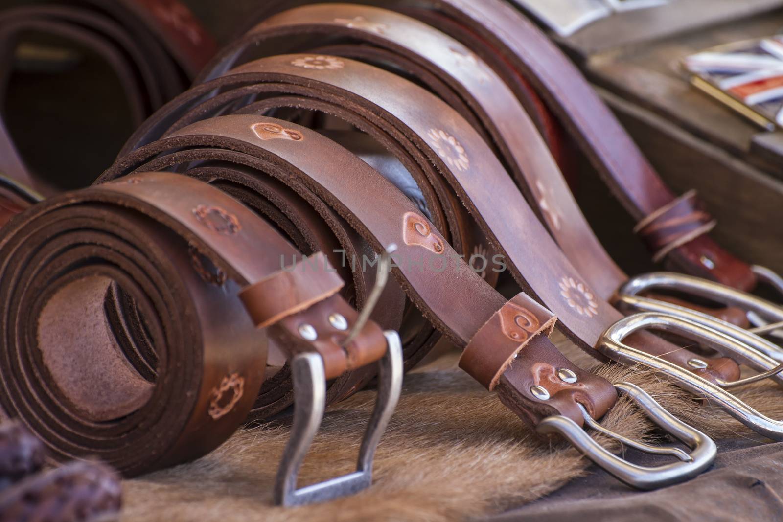 Store handmade leather belts, spanish medieval fair by FernandoCortes