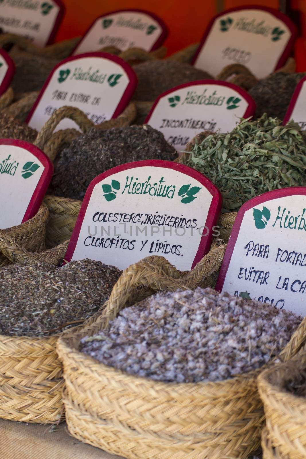 Aromatherapy, wicker baskets stuffed medicinal healing herbs