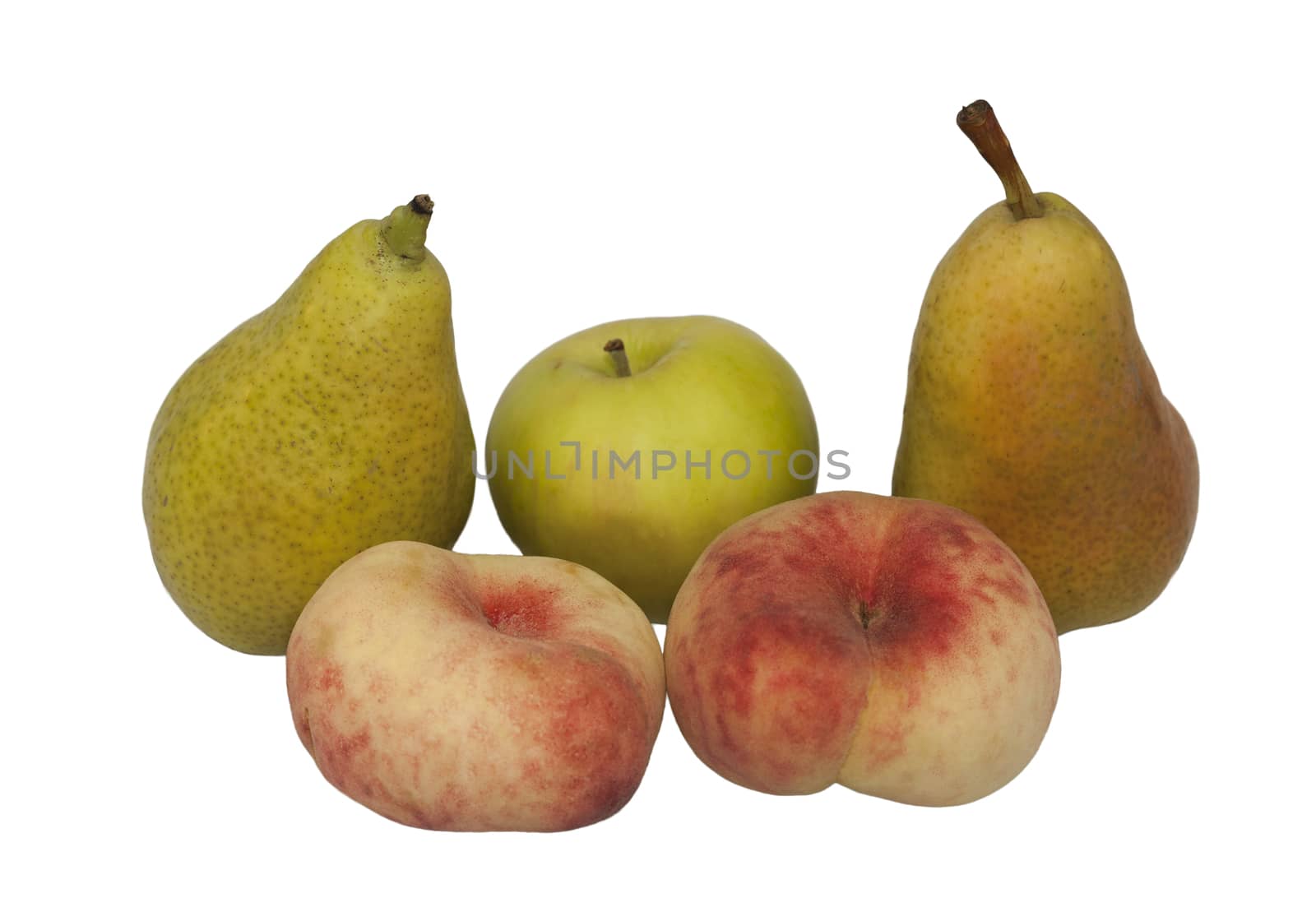 Fresh summer fruit. Apple, pear and peach on white background