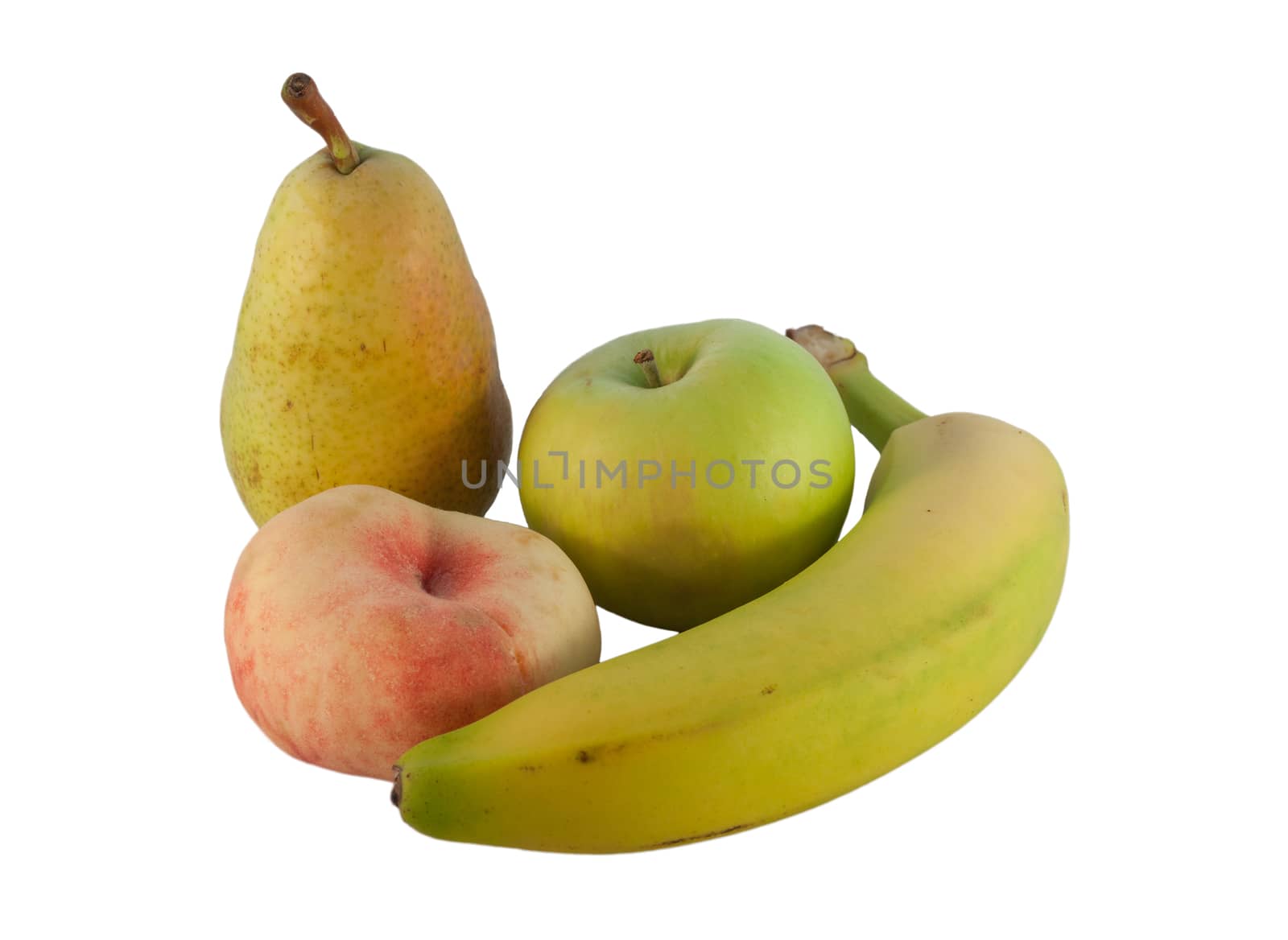 Fresh summer fruit. Apple, banana, pear and peach on white background