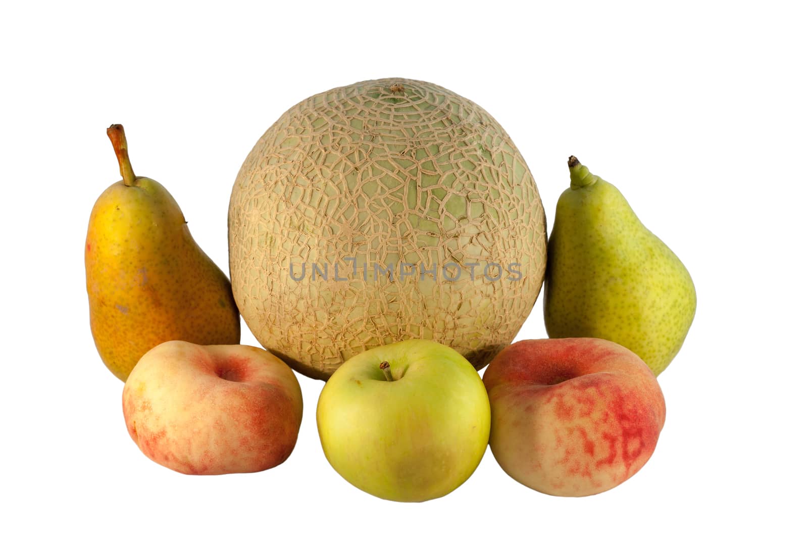 Fresh summer fruit. Apple, melon, pears and peaches on white background