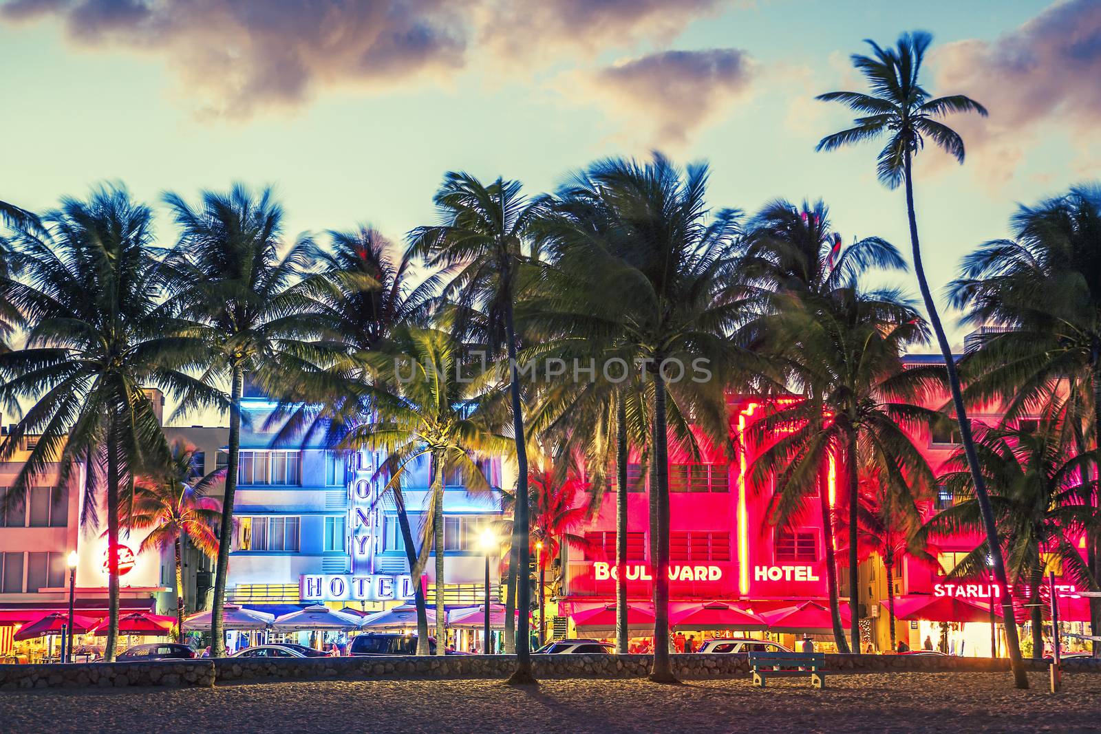 Miami Beach, Florida hotels and restaurants at sunset on Ocean Drive, world famous destination for it's nightlife. January 24, 2014. Special photographic processing.