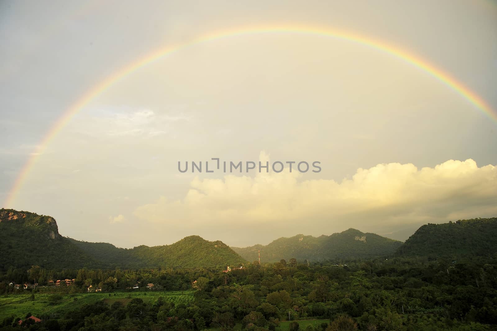 Aerial View of Kao Yai national park in Thailand With Rainbow. by think4photop