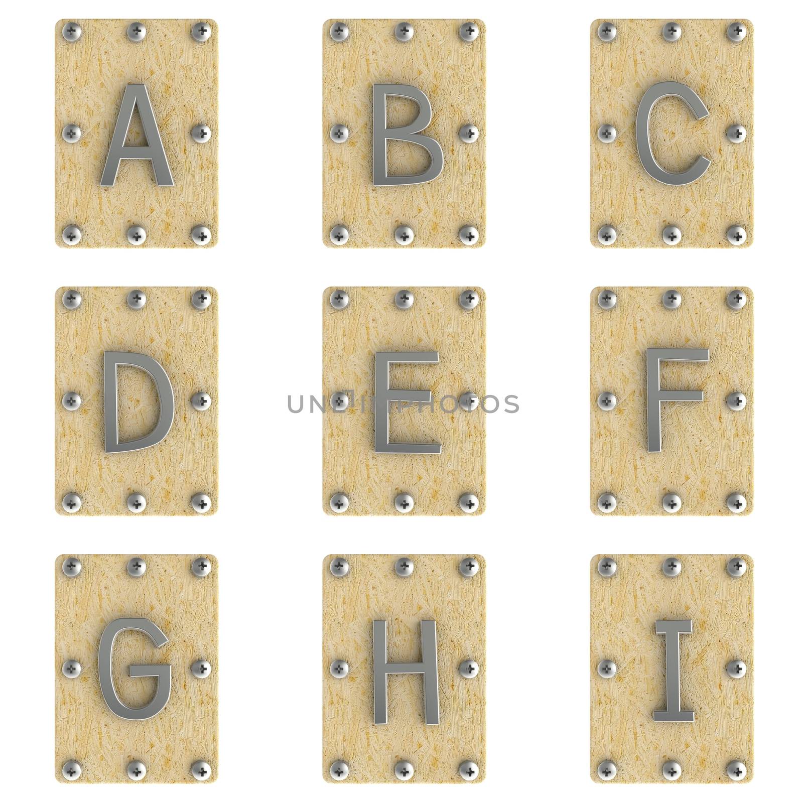 Font alphabe stainless on wood Oriented Strand Board (OSB)  plate