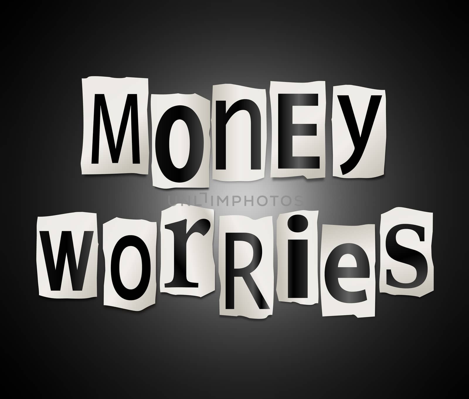 Illustration depicting a set of cut out printed letters arranged to form the words money worries.