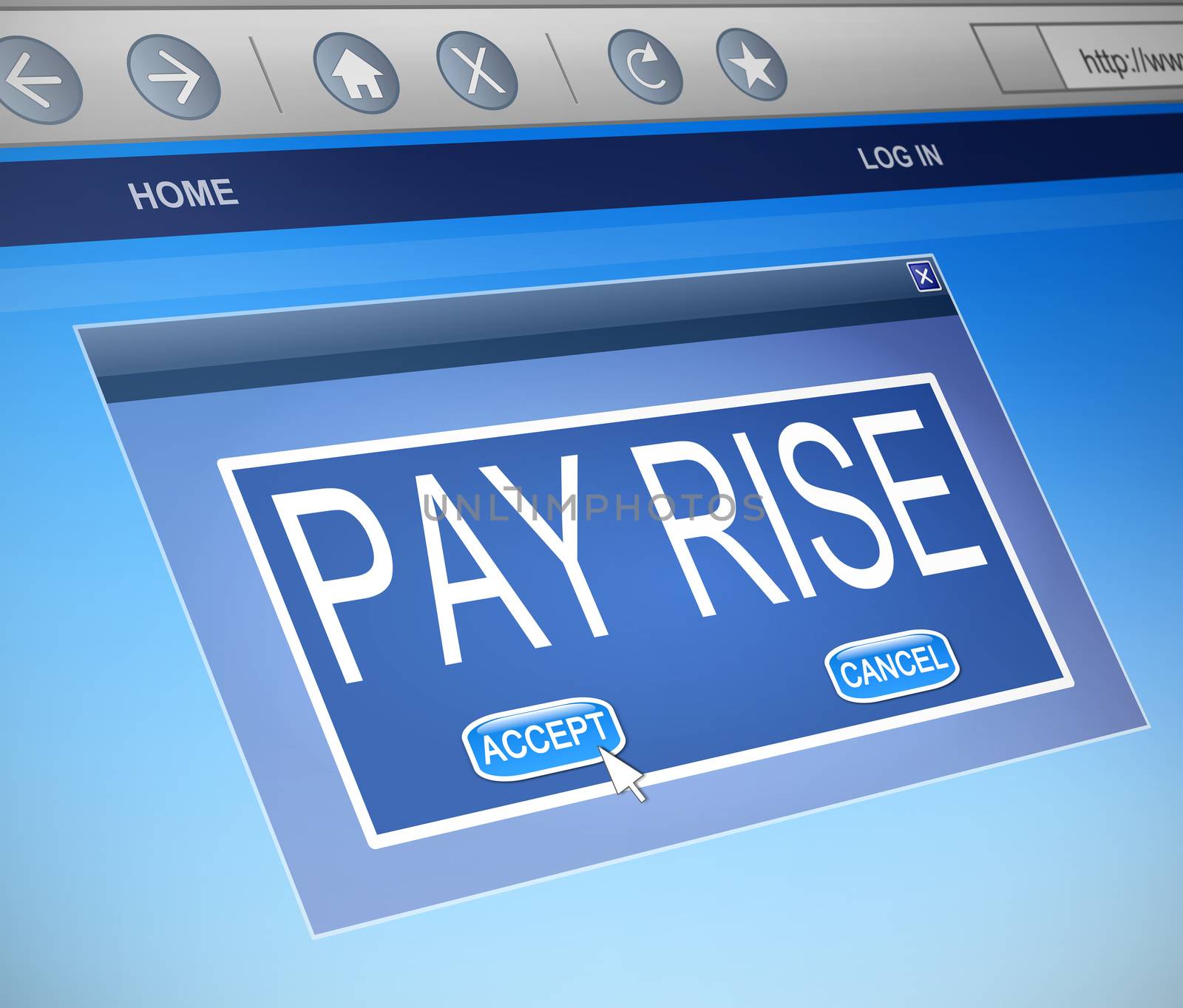 Illustration depicting a computer dialogue box with a pay rise concept.