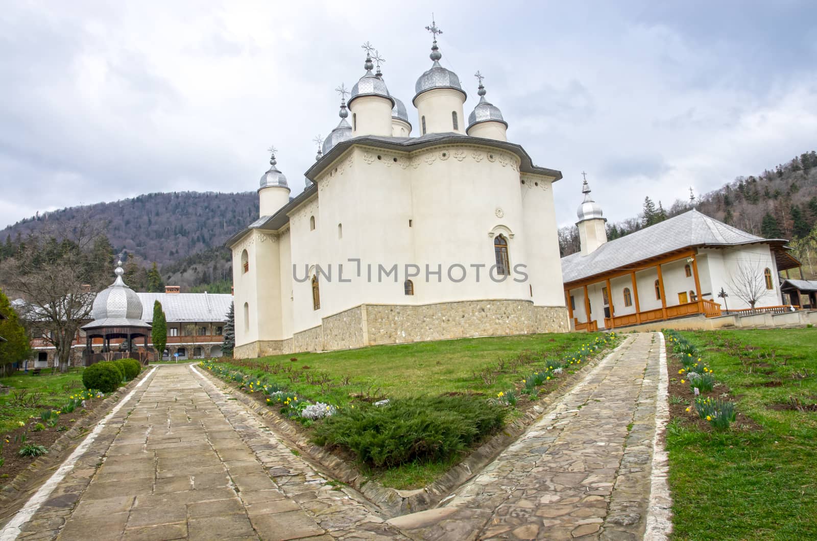 Church and garden of Horaita Monastery in Moldavia