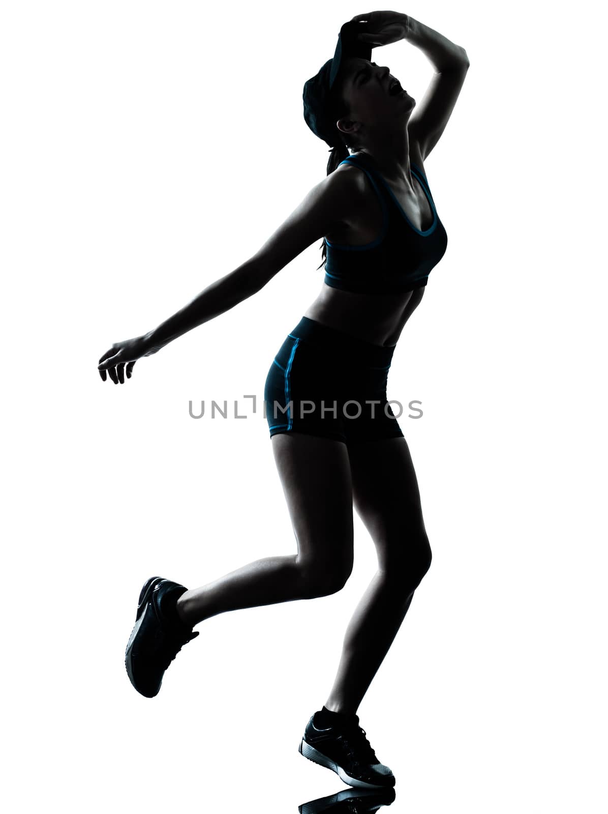 one  woman runner jogger tired breathless in silhouette studio isolated on white background