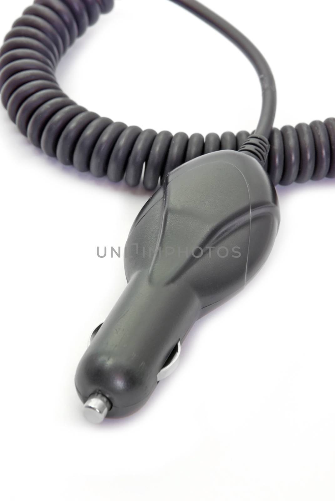 Black auto charger with cable on a white background.