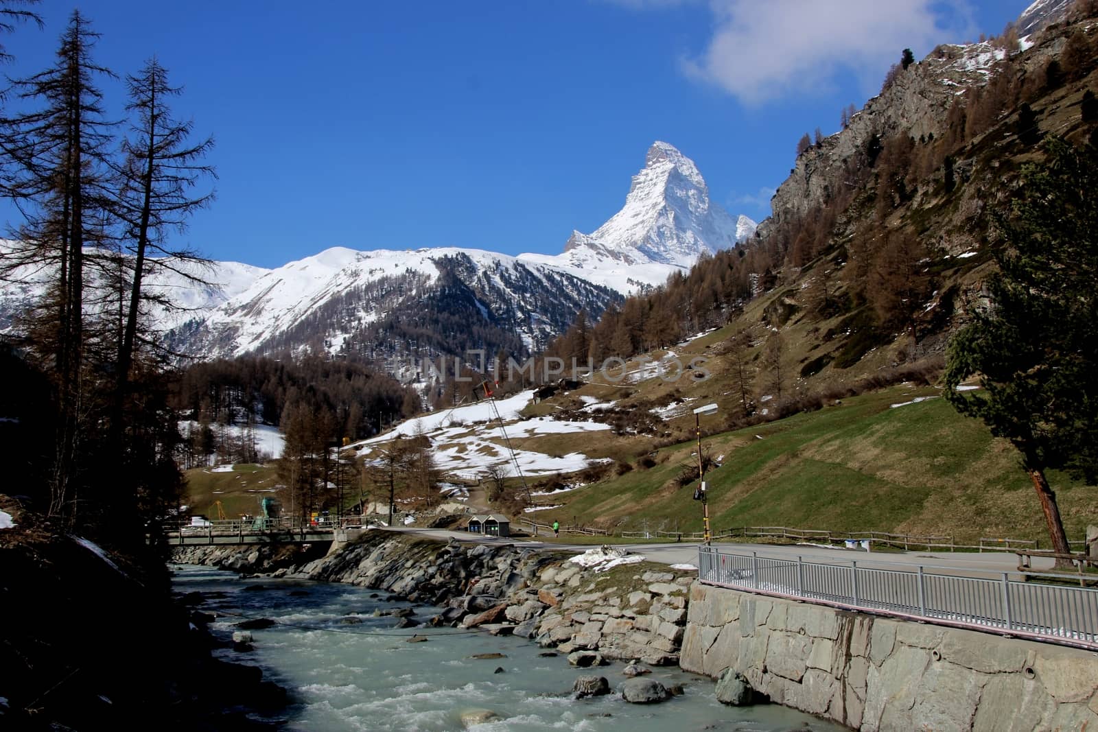 The beautiful Matterhorn in the Swiss Alps bathed in bright sunshine, from Swiss town Zermatt.