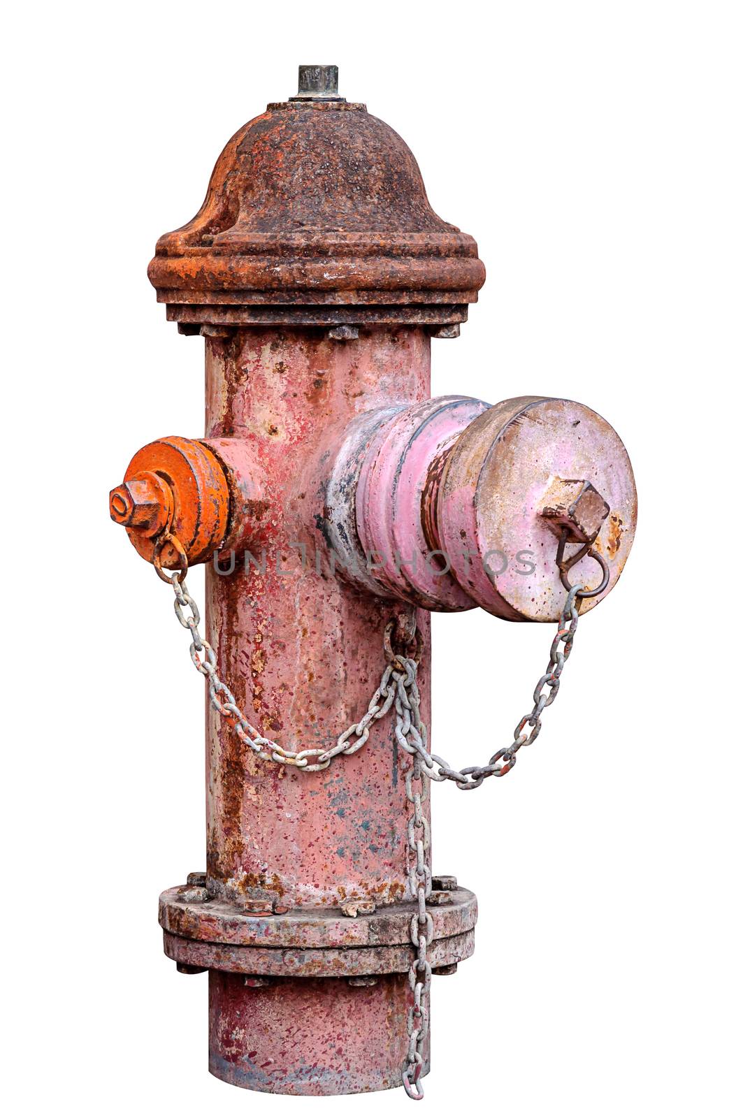 Old red fire hydrant isolated on white background