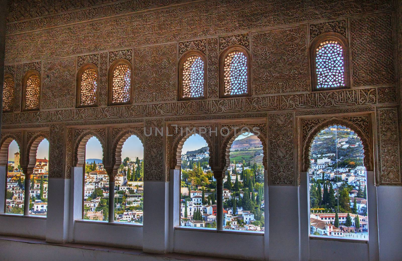 Alhambra Moorish Wall Windows Patterns Designs City View Granada Andalusia Spain  