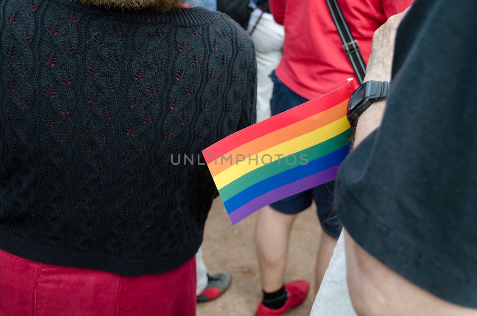 back view of people and small paper rainbow flag gay parade symbol