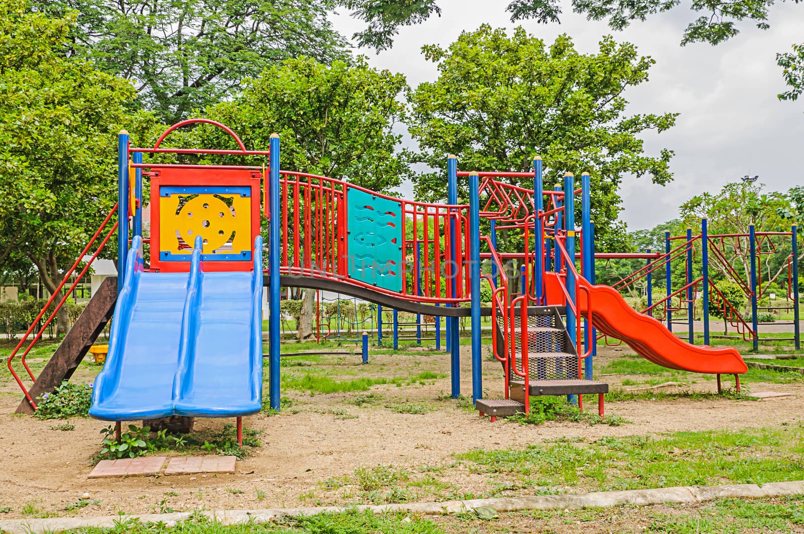 Colorful playground equipment in the public park