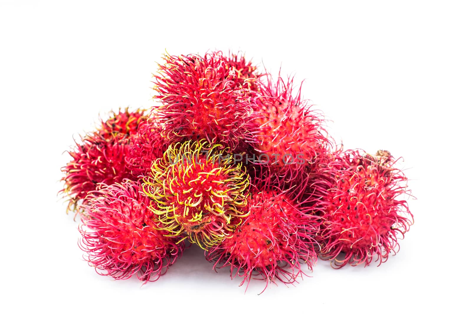 close up group of rambutan on white background