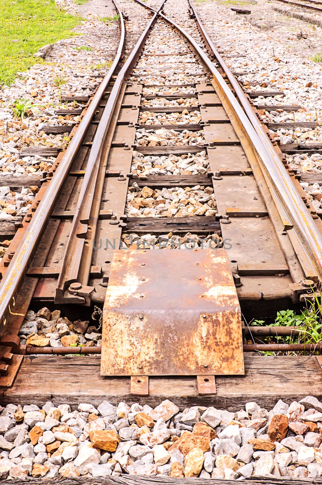 Junction railway tracks on sleepers with  switch 