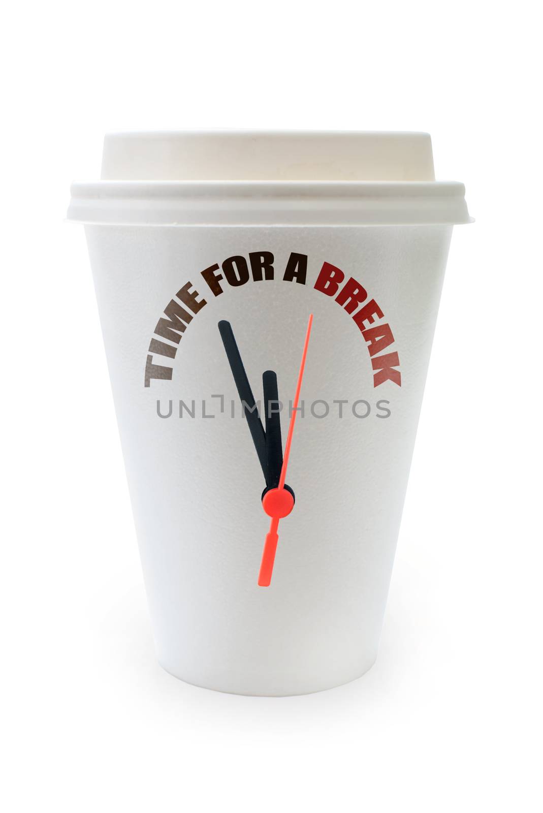 Time for a coffee break concept with clock hands attached to a paper cup  