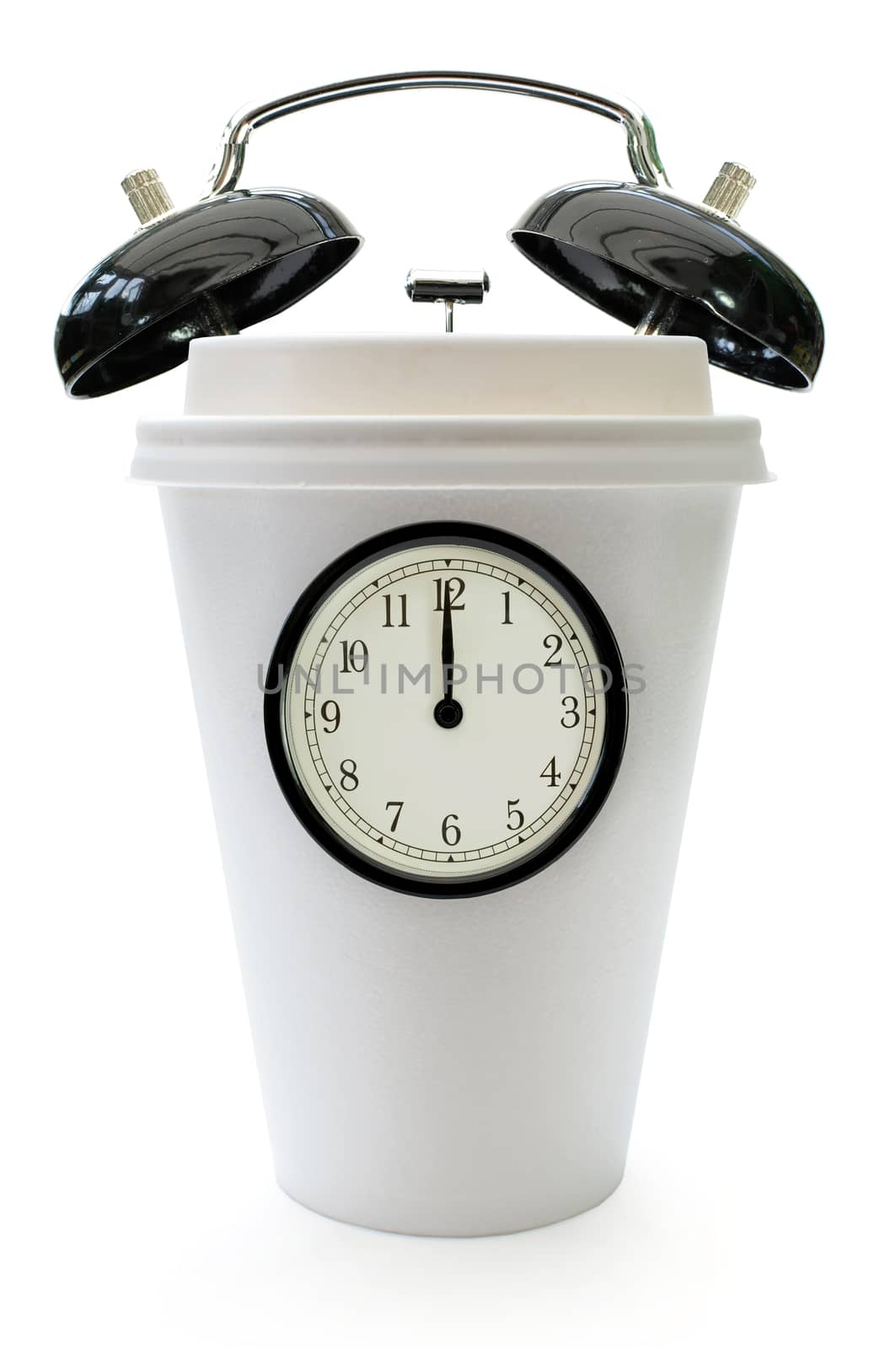 Taking a break concept with clock face and alarm bells around a plastic coffee cup over a white background