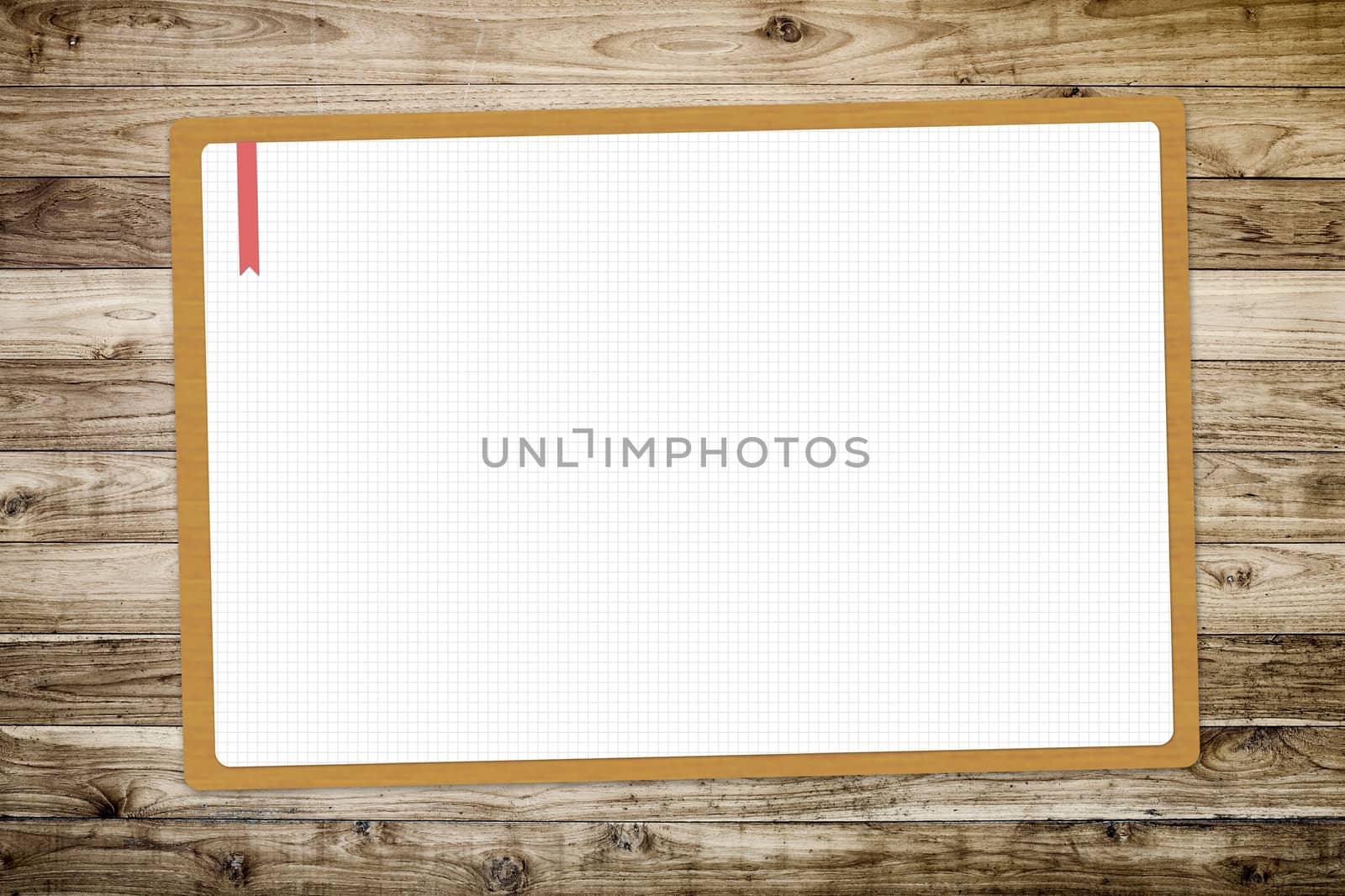 Blank drawing white paper on brown wooden plank background by 2nix