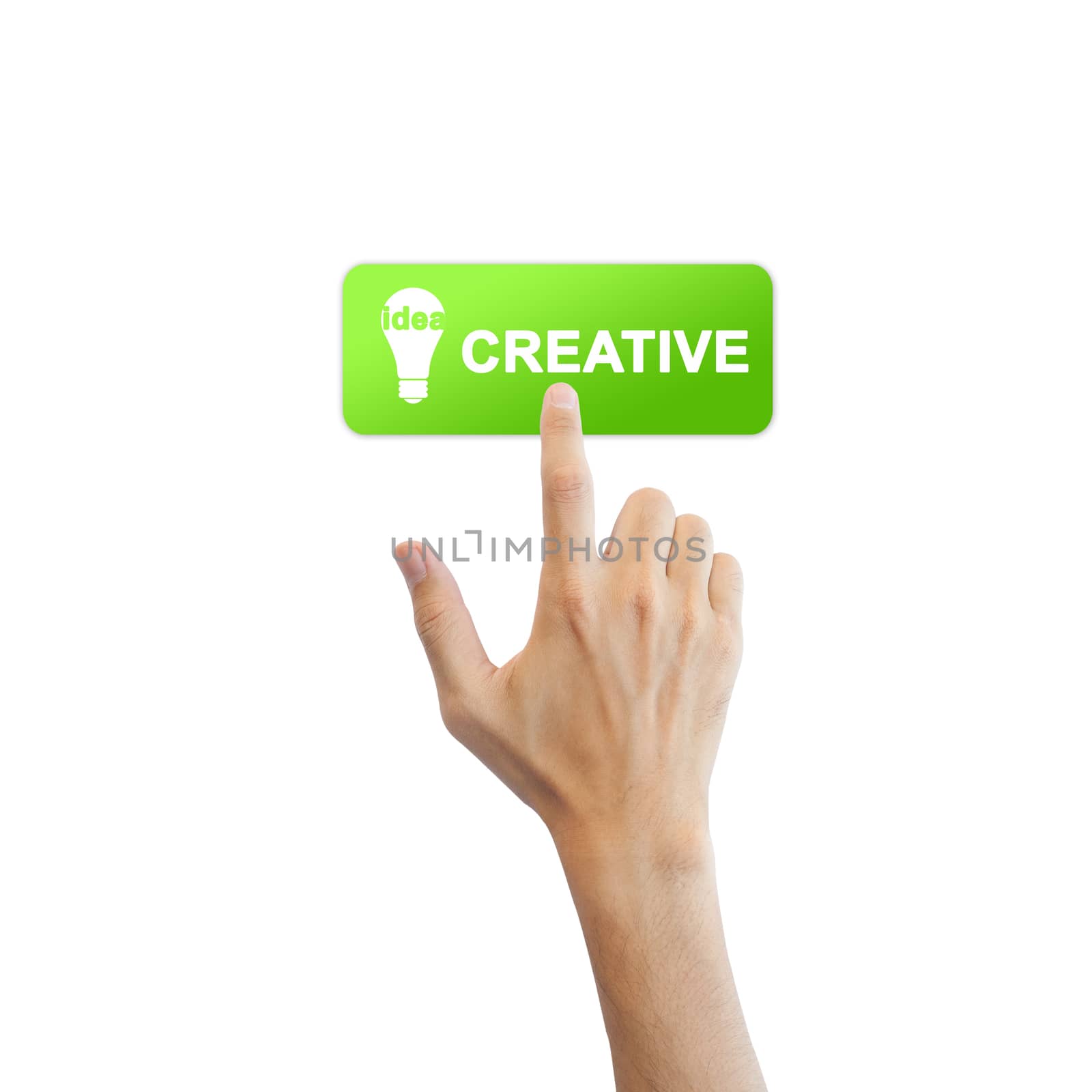 Creative idea button with real hand isolated on white background by 2nix