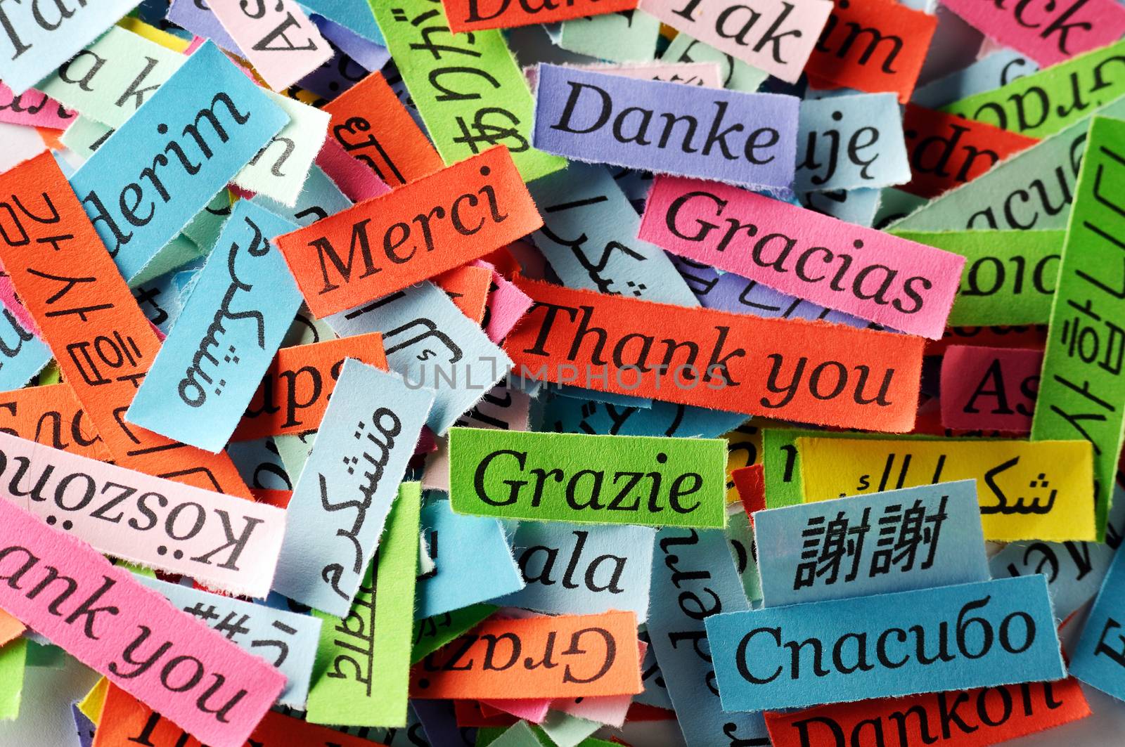 Thank You Word Cloud printed on colorful  paper different languages