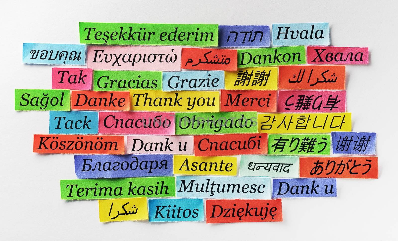 Thank You Word Cloud printed on colorful  paper different languages