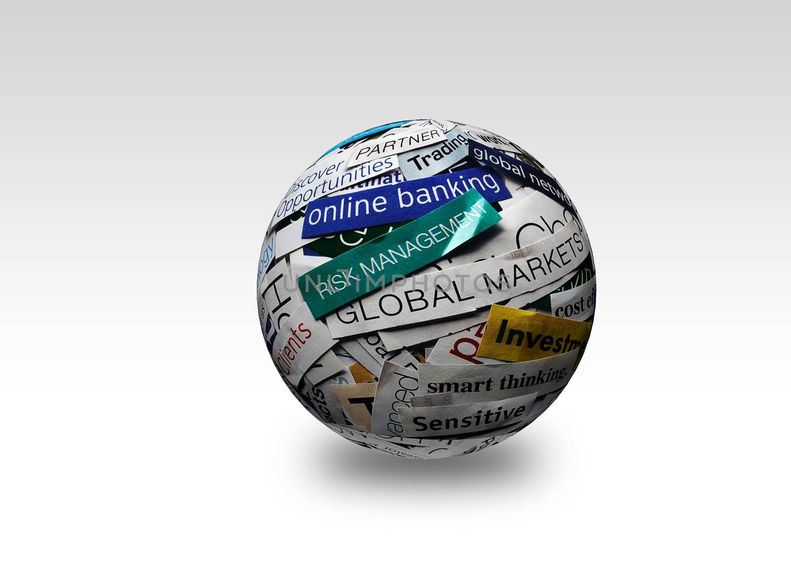 collage of paper headlines about the world economy on 3D sphere