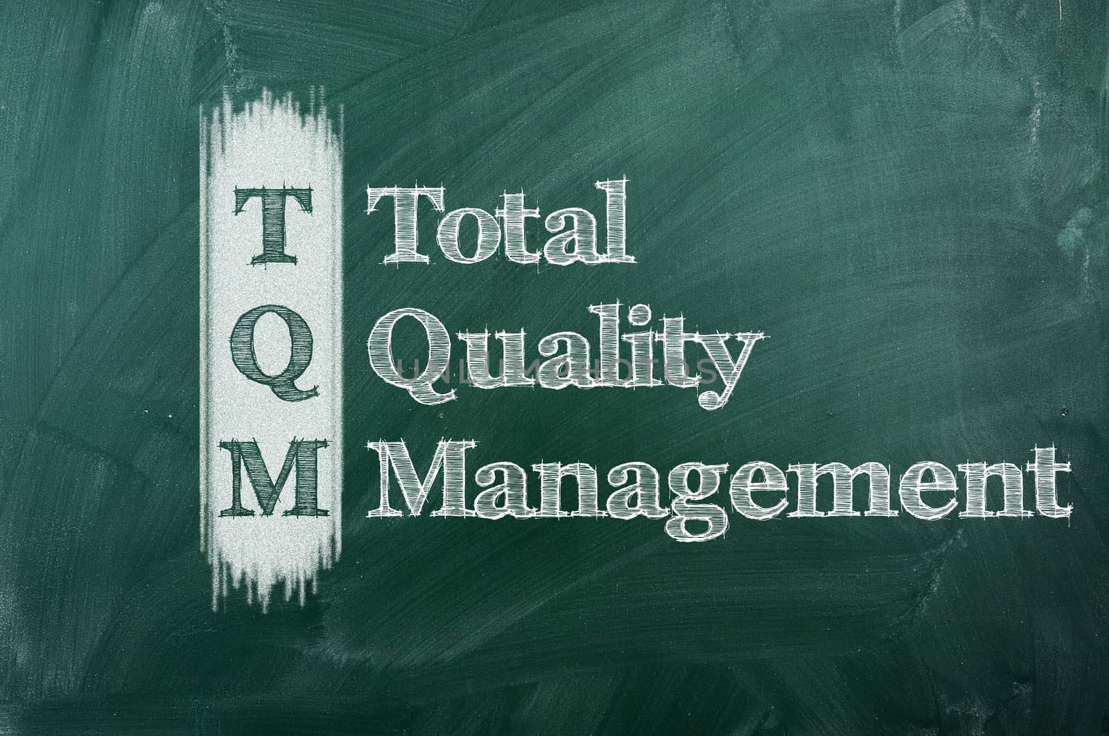 TQM  total quality management on green chalkboard