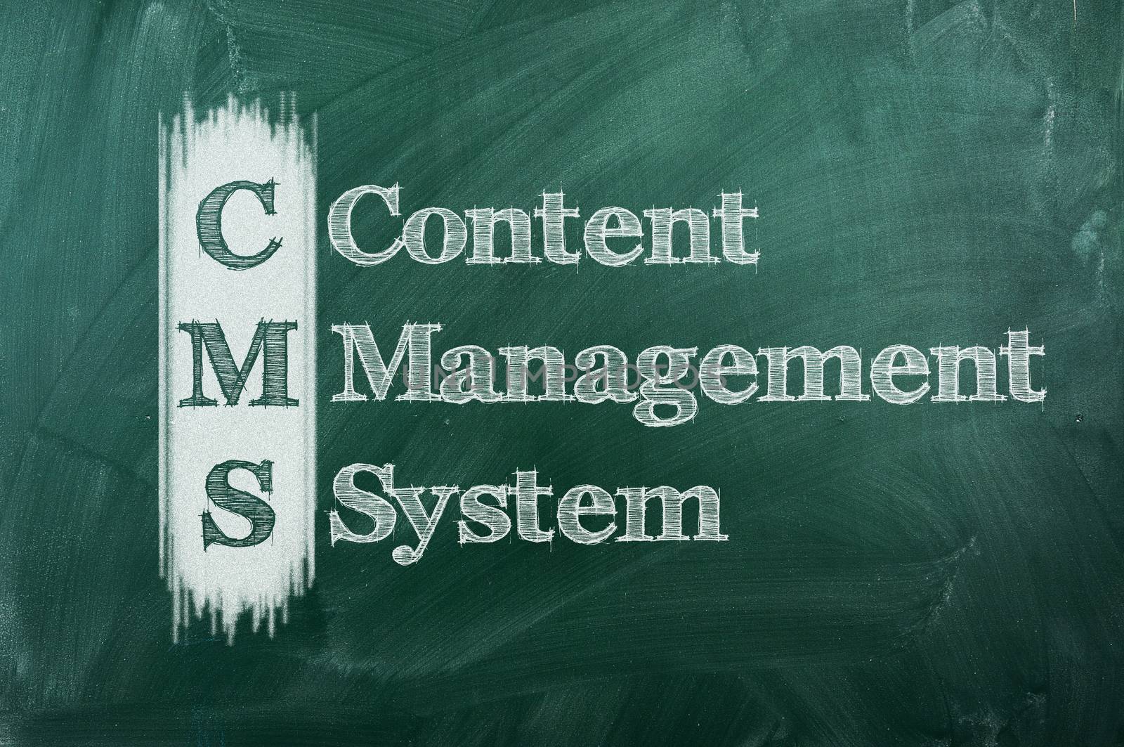 CMS  Content Management System with white chalk on blackboard. 