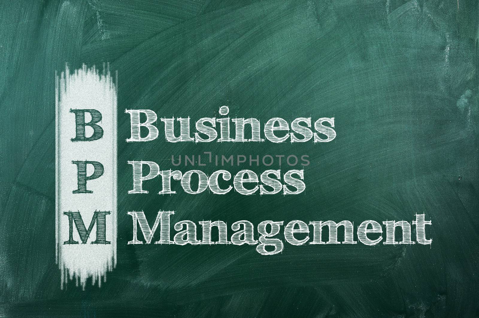 BPM business process management  on a green chalkboard