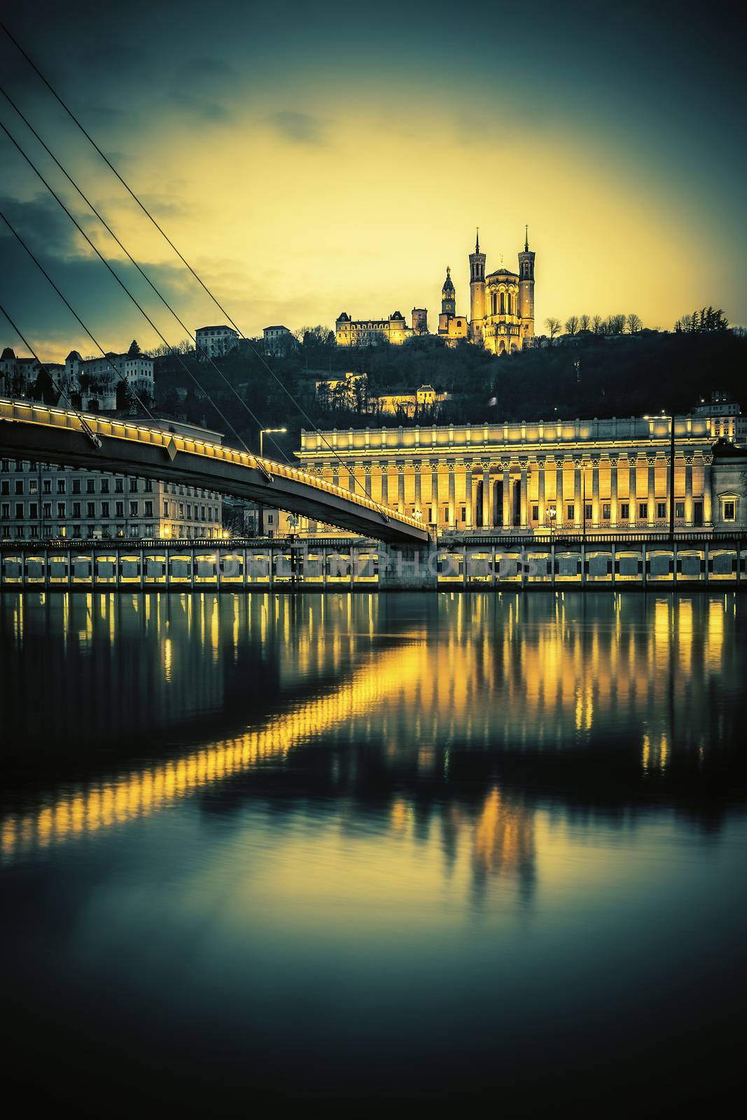 View of Saone river at Lyon by night, France, special photographic processing 