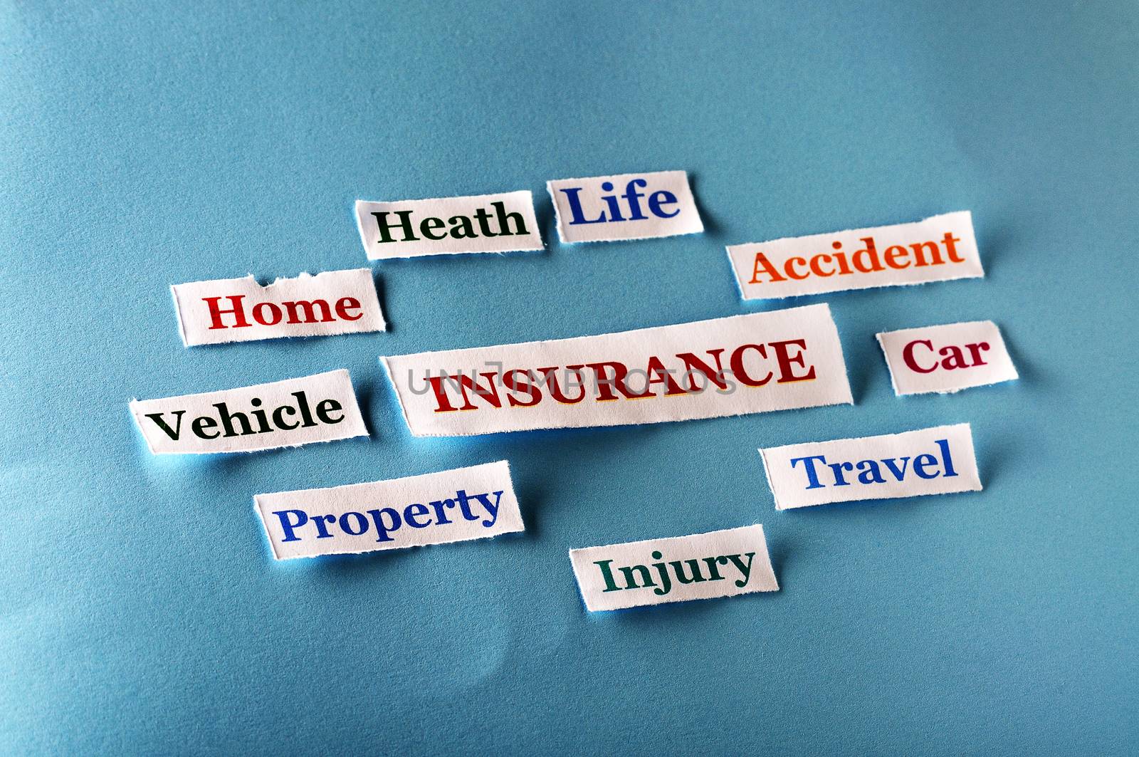 insurance Word Cloud  printed on  paper on blue font