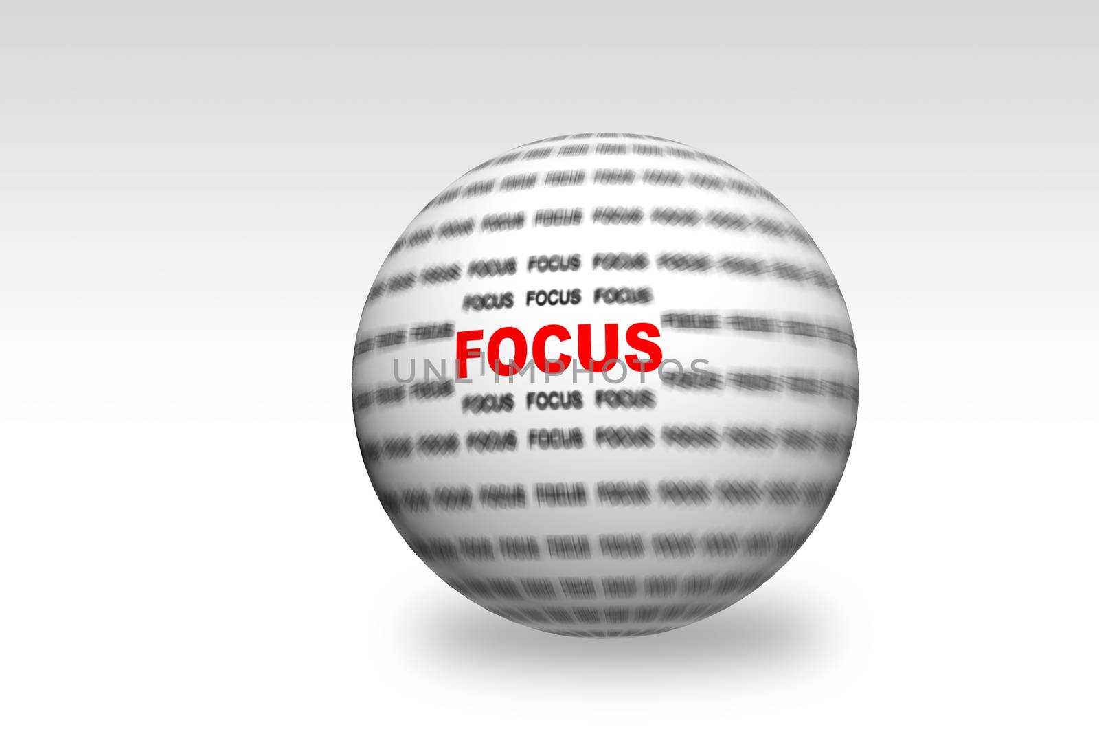 Blurred text with a focus in red on center on 3D sphere