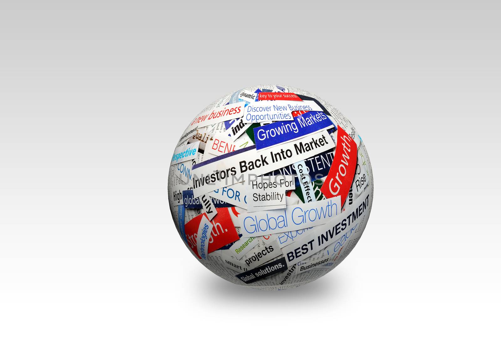 collage of paper headlines about the world economy on 3D sphere