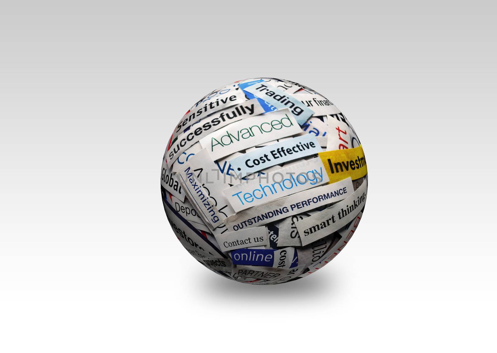 collage of paper headlines about the world economy on 3D sphere