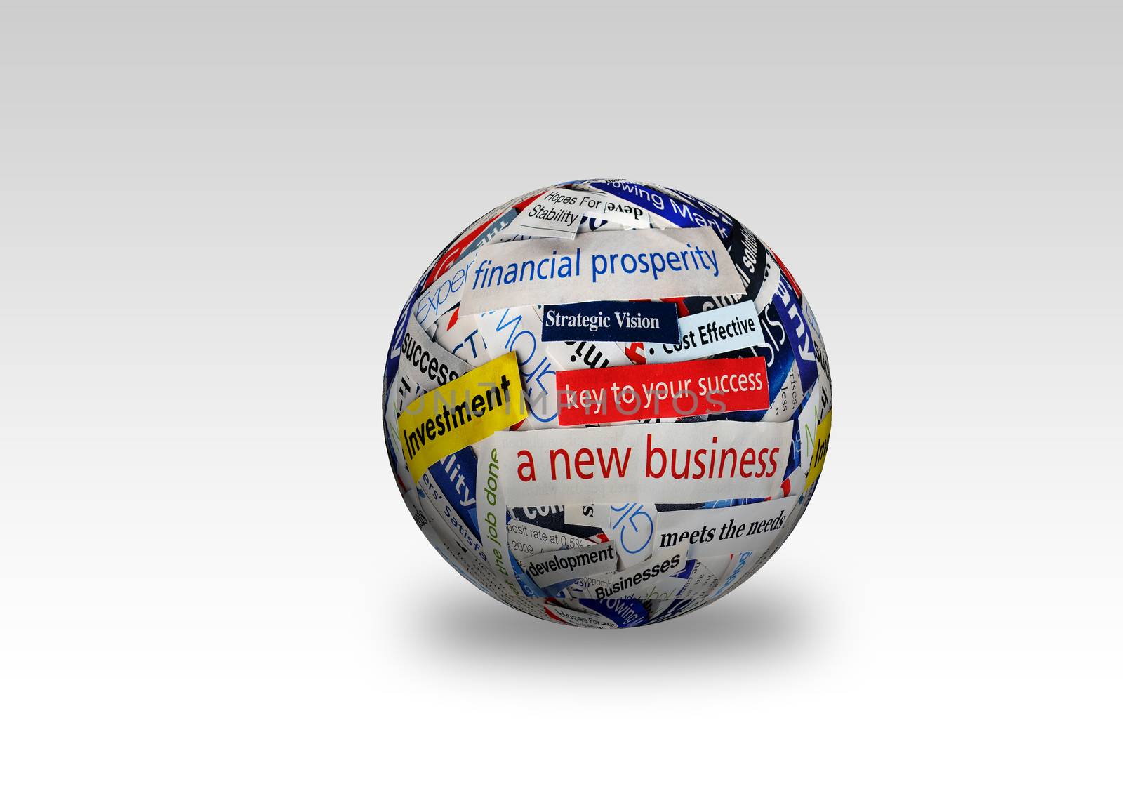 collage of paper headlines about the world economy on 3D sphere