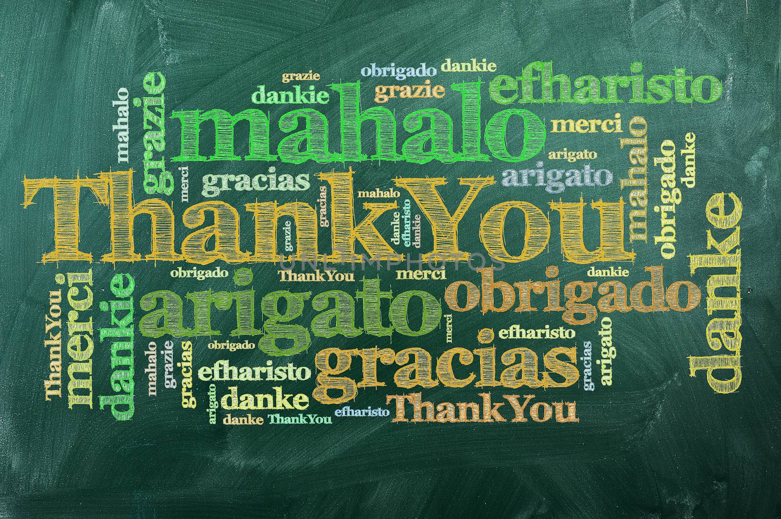 thank you in different languages on green chalkboard