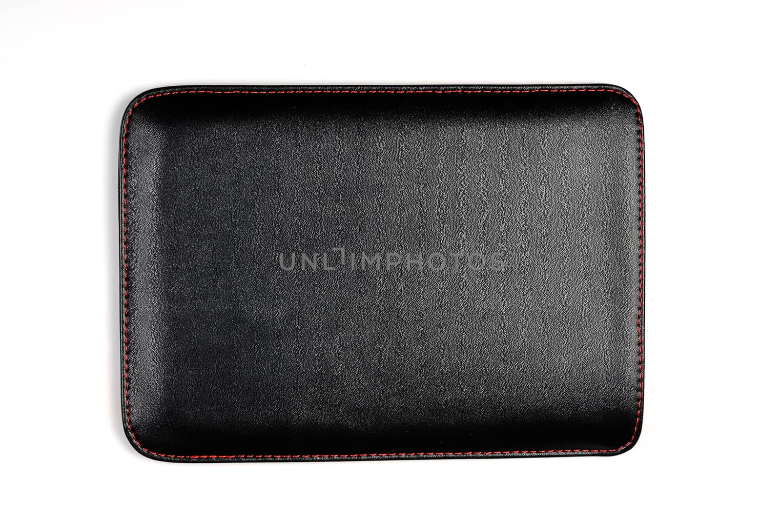 Leather case with red thread stitches  isolated on white background